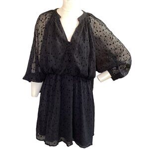 ZARA Chiffon Embroidered Flower Long Sleeve Dress Sz M Black #61G